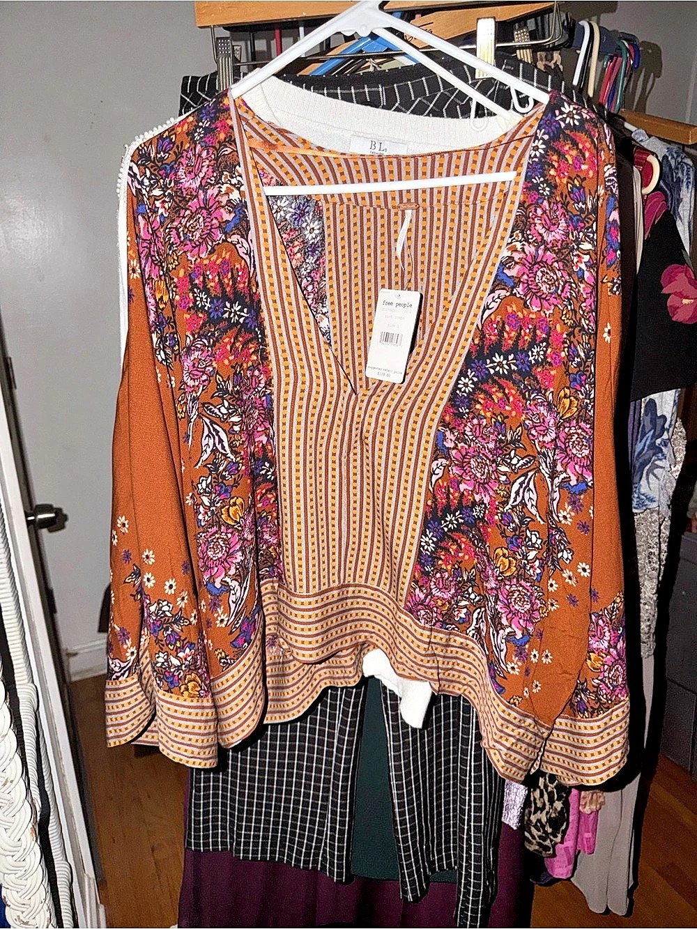 Free People Rust Combo Floral Blouse in Brown & Orange Size Large NWT